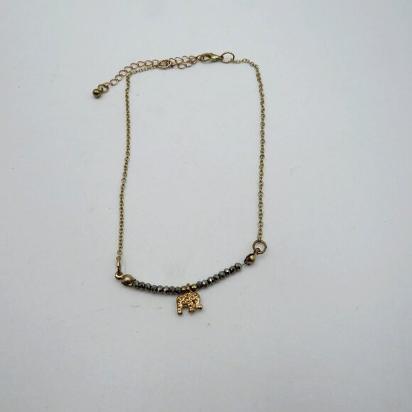 Elephant Charm Necklace 12" Rhinestone Encrusted Silver Tone Metallic Beads - Picture 4 of 8